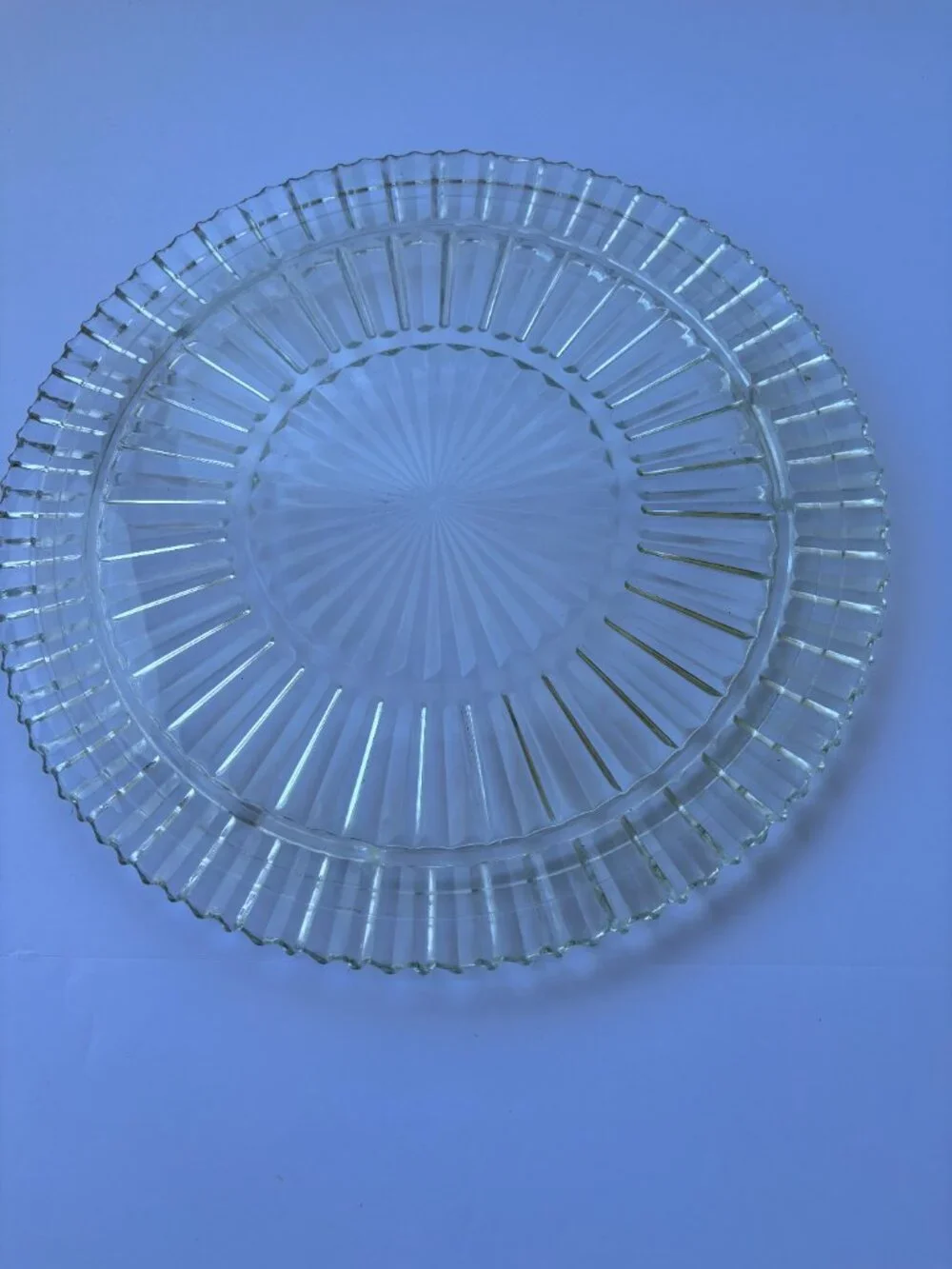 Vintage Clear Pressed Glass Cake Plate Platter Sunburst Ribbed Pattern